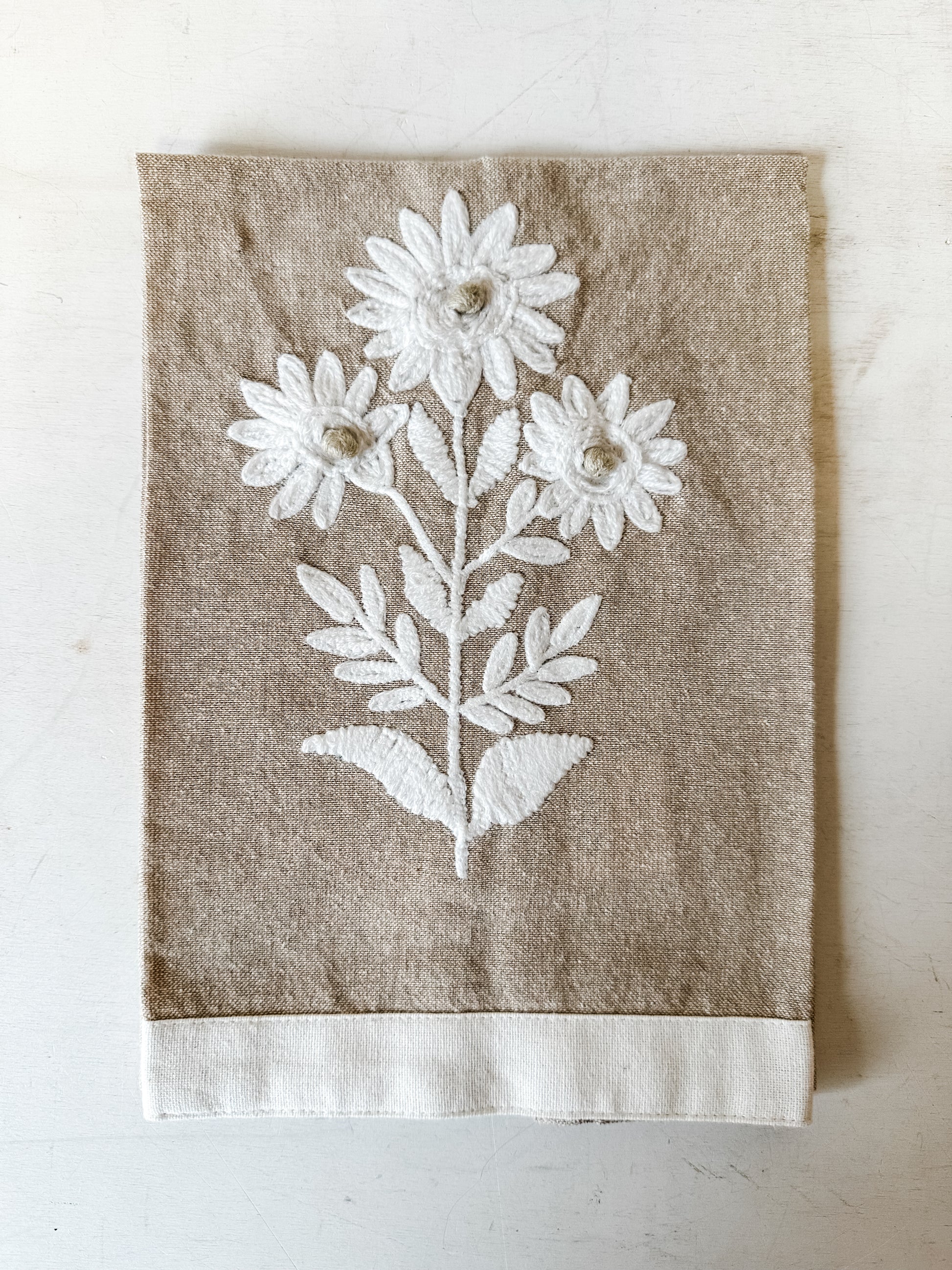 cotton tea towel with embroidered florals at The Rustic Barn in Killingworth CT