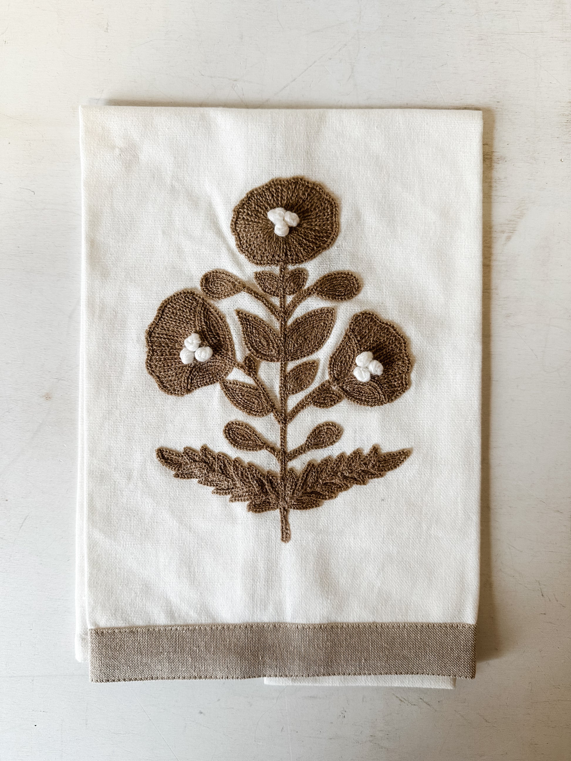 cotton tea towel with embroidered florals at The Rustic Barn in Killingworth CT