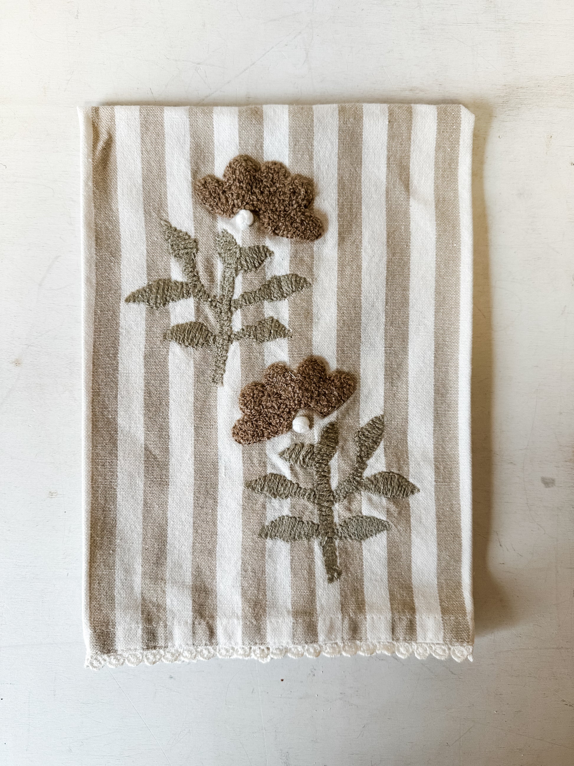 cotton tea towel with embroidered florals at The Rustic Barn in Killingworth CT