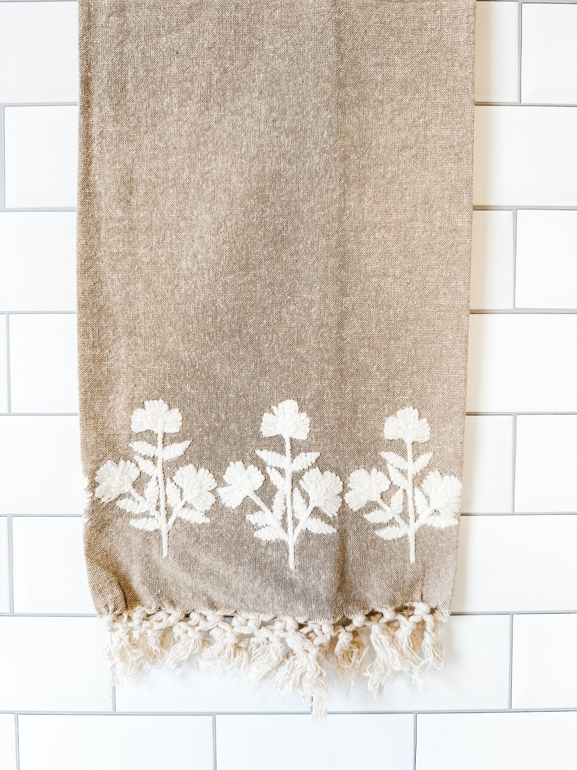cotton tea towels with embroidered floral design atThe Rustic Barn in Killingworth, CT