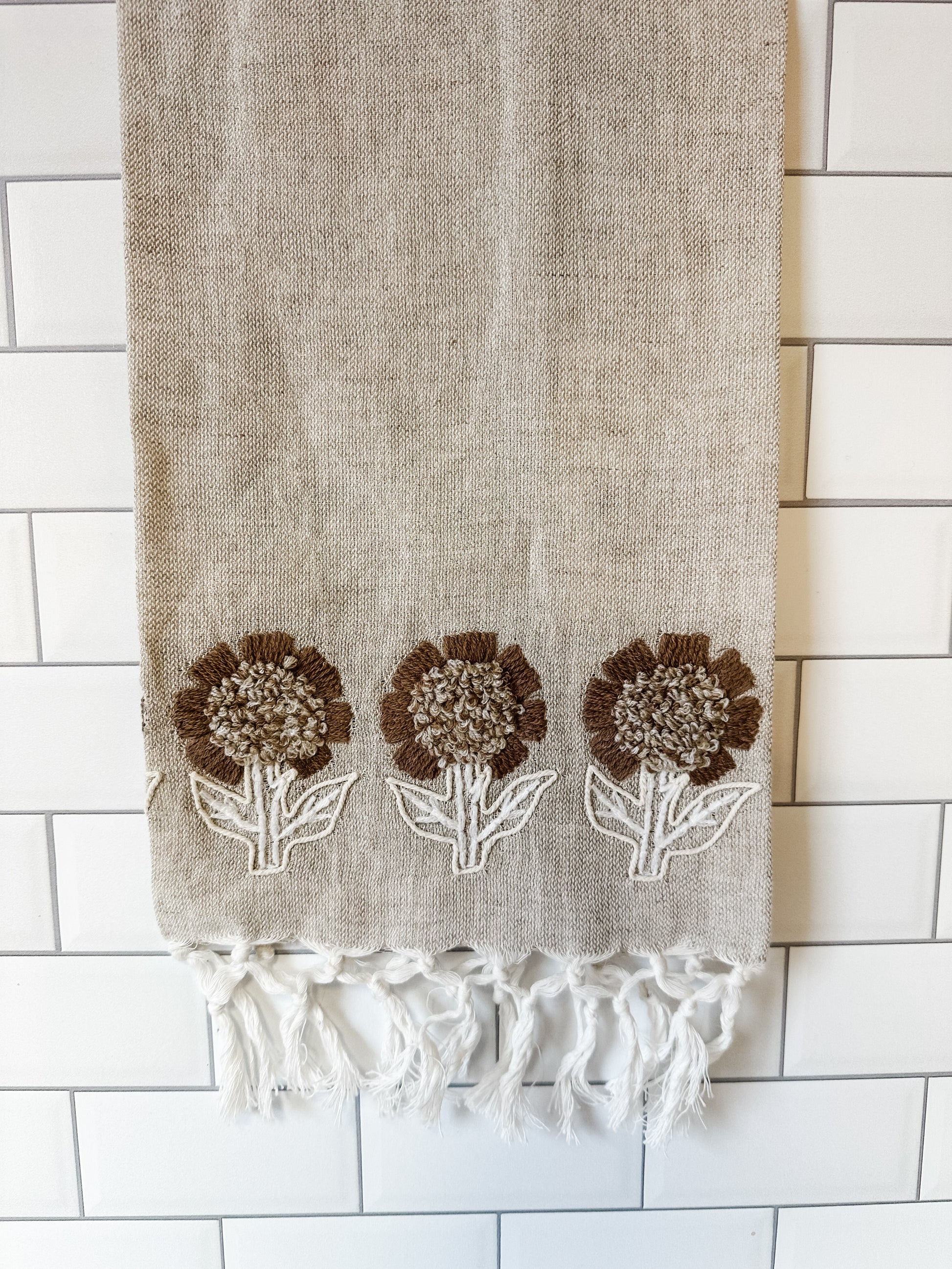 cotton tea towels with embroidered floral design atThe Rustic Barn in Killingworth, CT