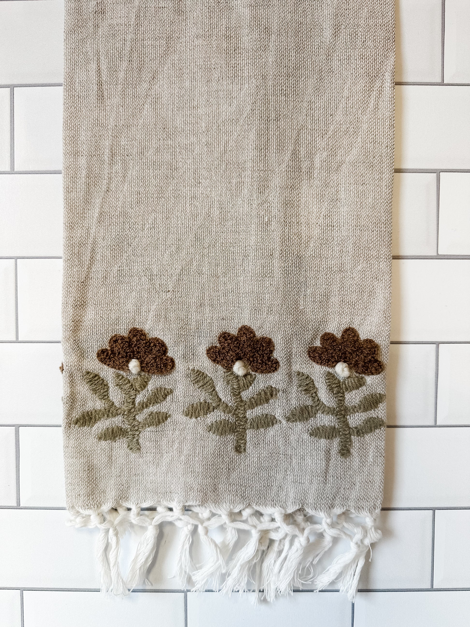 cotton tea towels with embroidered floral design atThe Rustic Barn in Killingworth, CT
