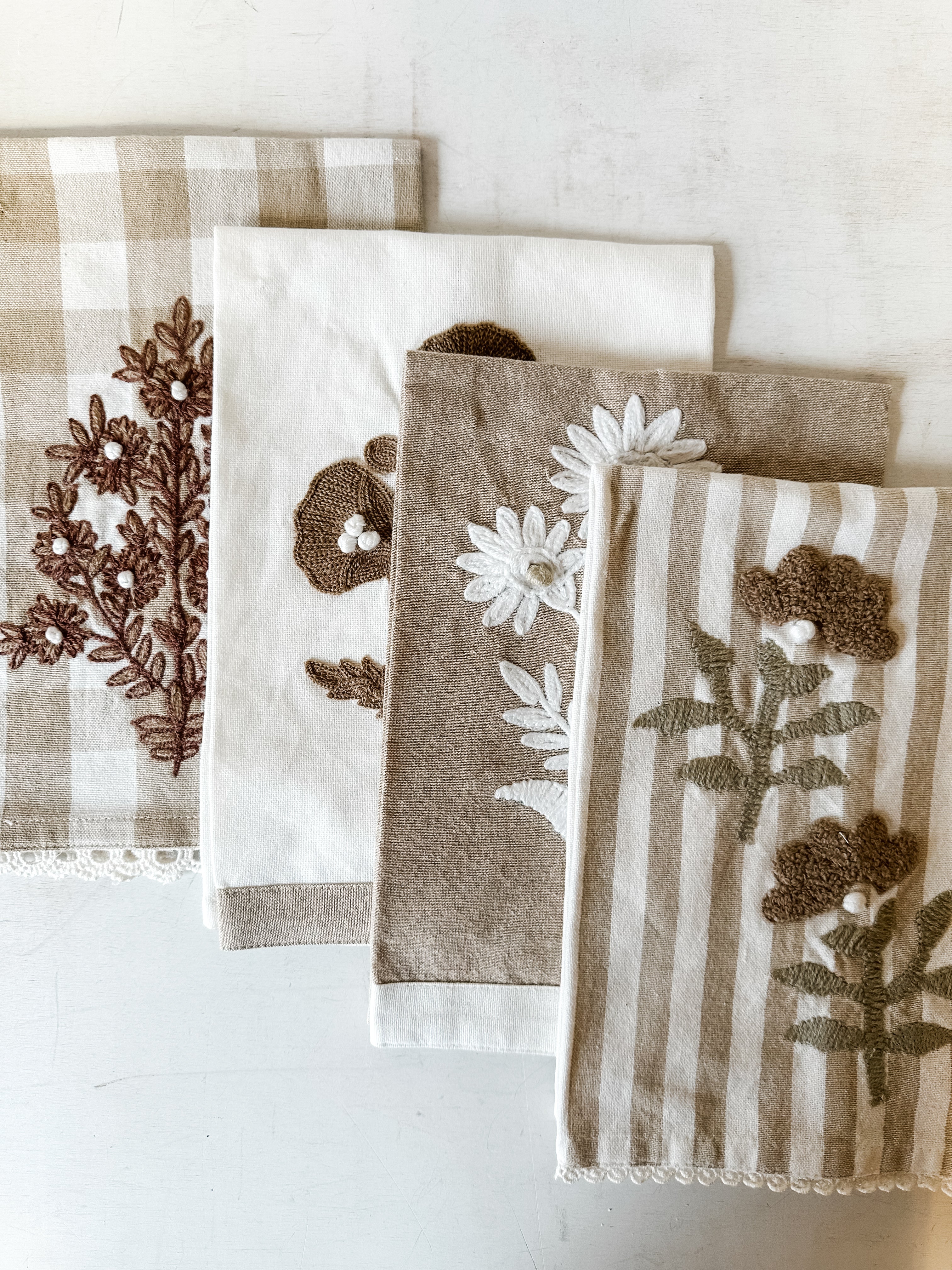 cotton tea towel with embroidered florals at The Rustic Barn in Killingworth CT