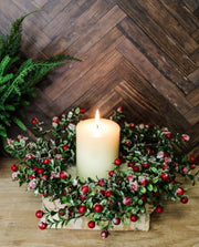 frosted crimson red berry wreath or candle ring snow dusted holiday christmas door wall decor for sale at the rustic barn in killingworth, CT