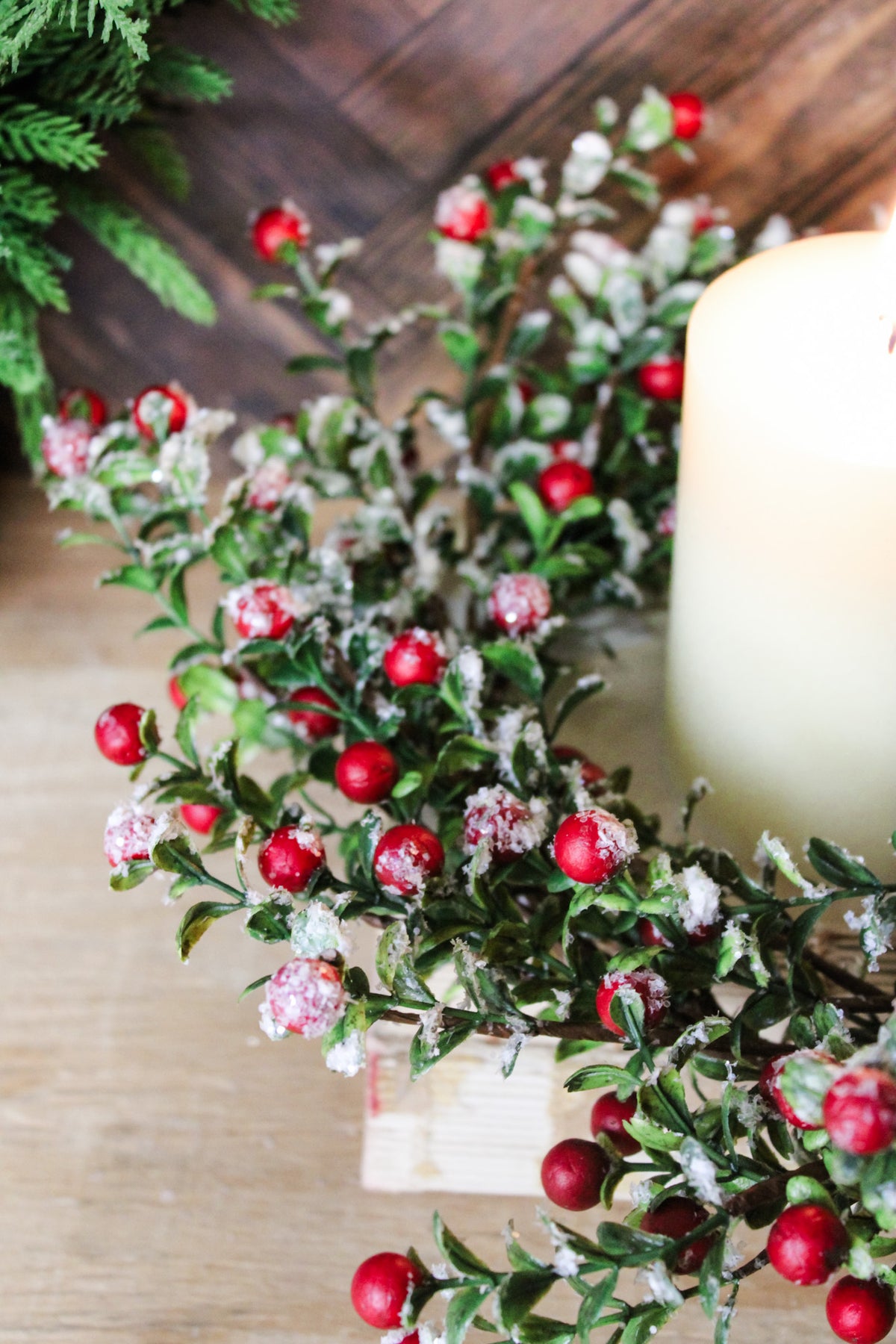 frosted crimson red berry wreath or candle ring snow dusted holiday christmas door wall decor for sale at the rustic barn in killingworth, CT