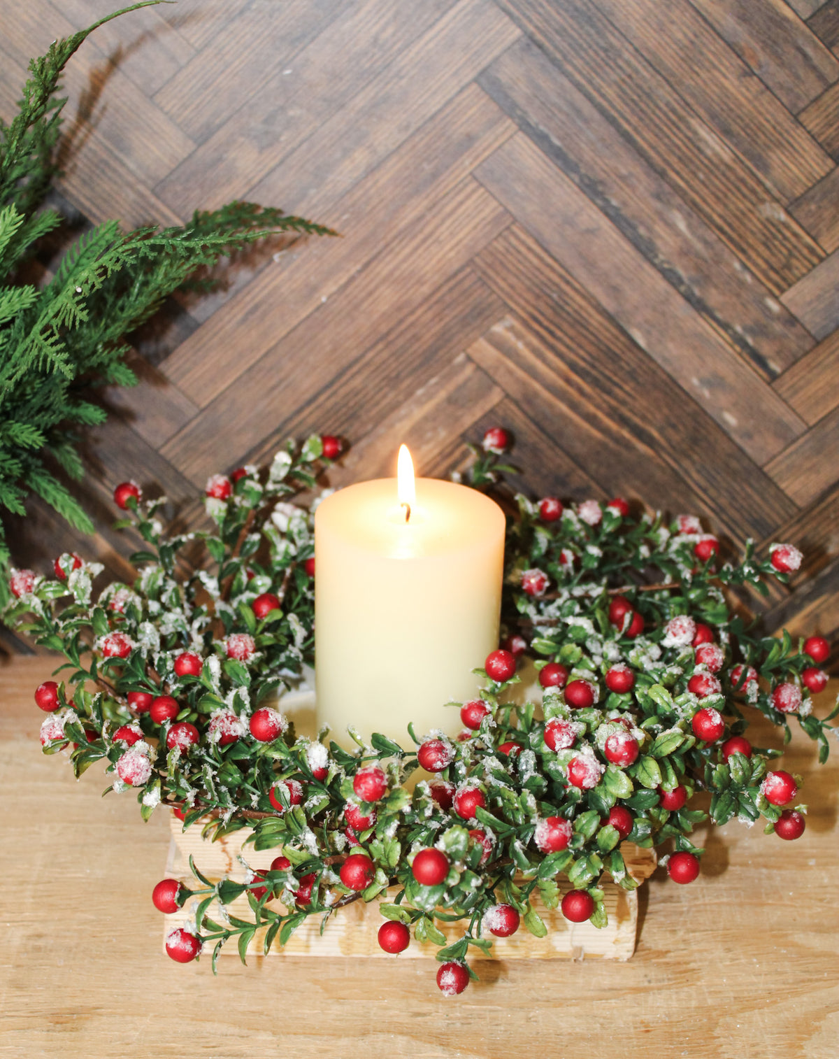 frosted crimson red berry wreath or candle ring snow dusted holiday christmas door wall decor for sale at the rustic barn in killingworth, CT