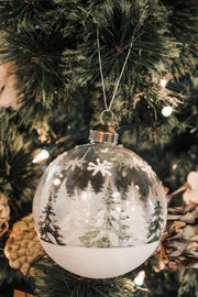 Frosted evergreen glass ball ornaments winter forest scene for Christmas 