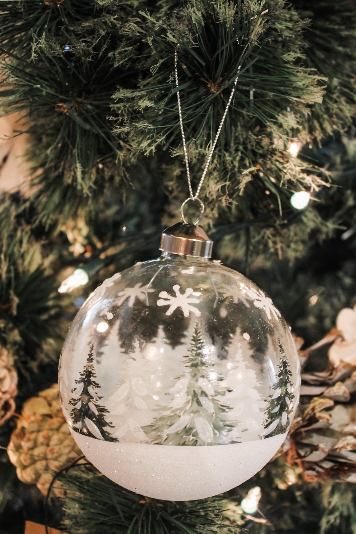 Frosted evergreen glass ball ornaments winter forest scene for Christmas 