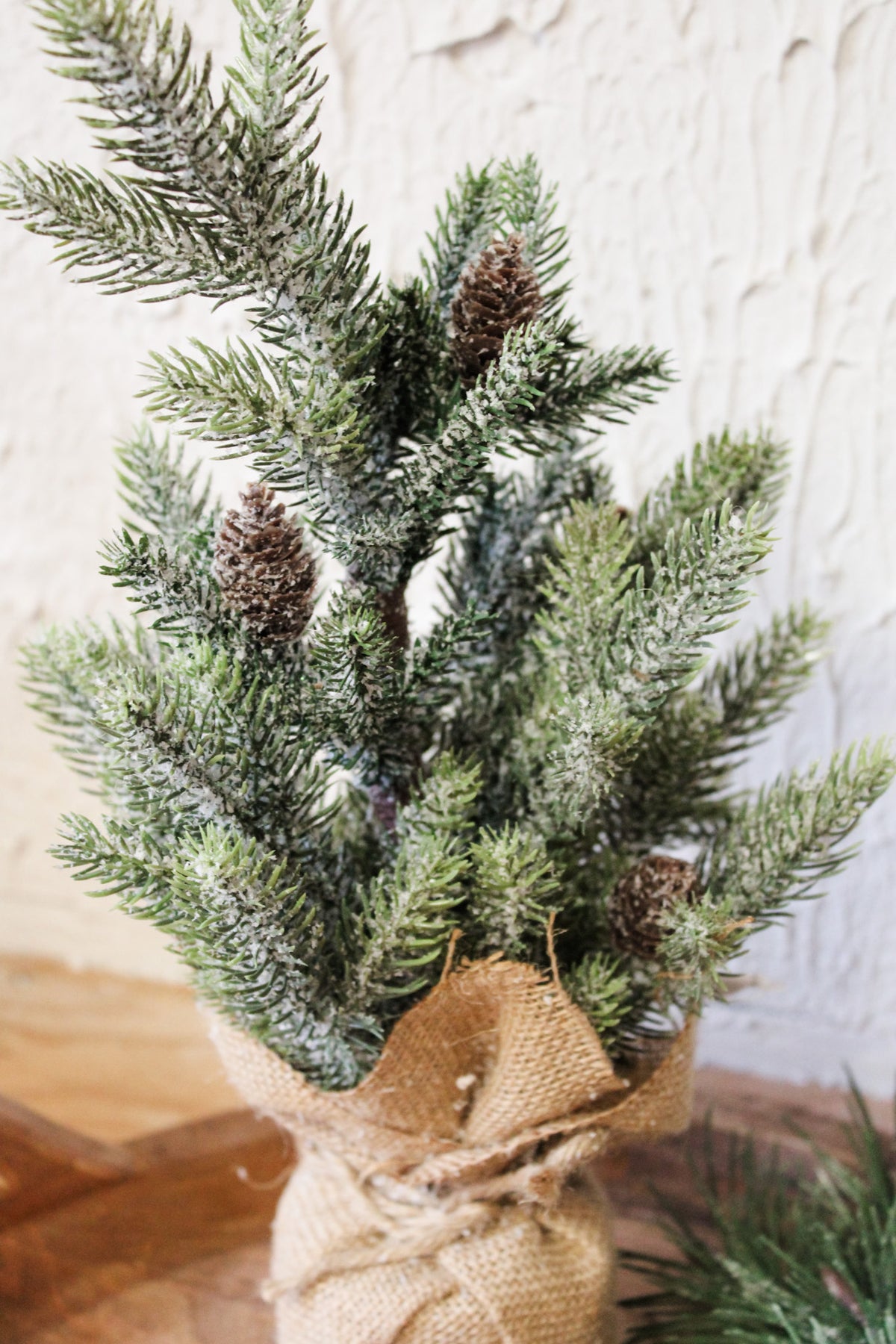 Frosted mini pine christmas tree with burlap base for the holidays and winter decor piece cute for sale at the rustic barn in killingworth, CT