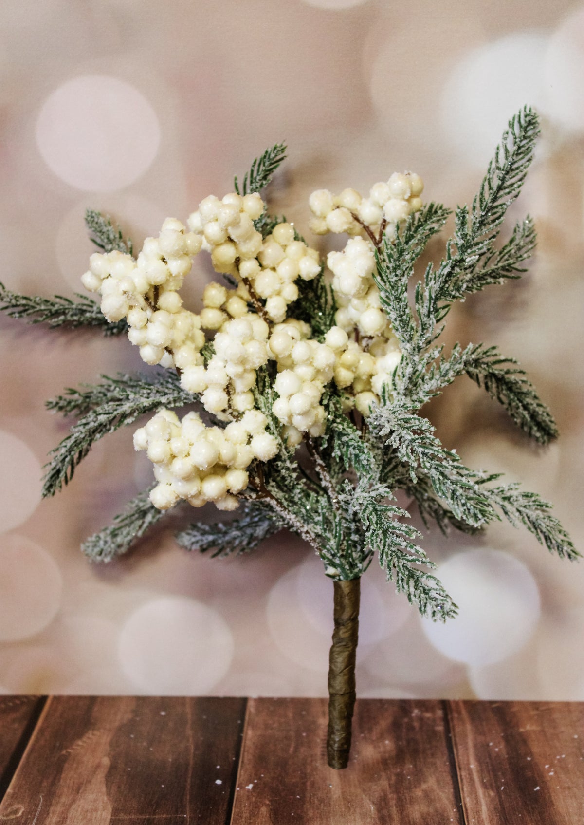 Frosted winter pine cream berry christmas pick with snow dusted greens for sale at the rustic barn in Killingworth, CT
