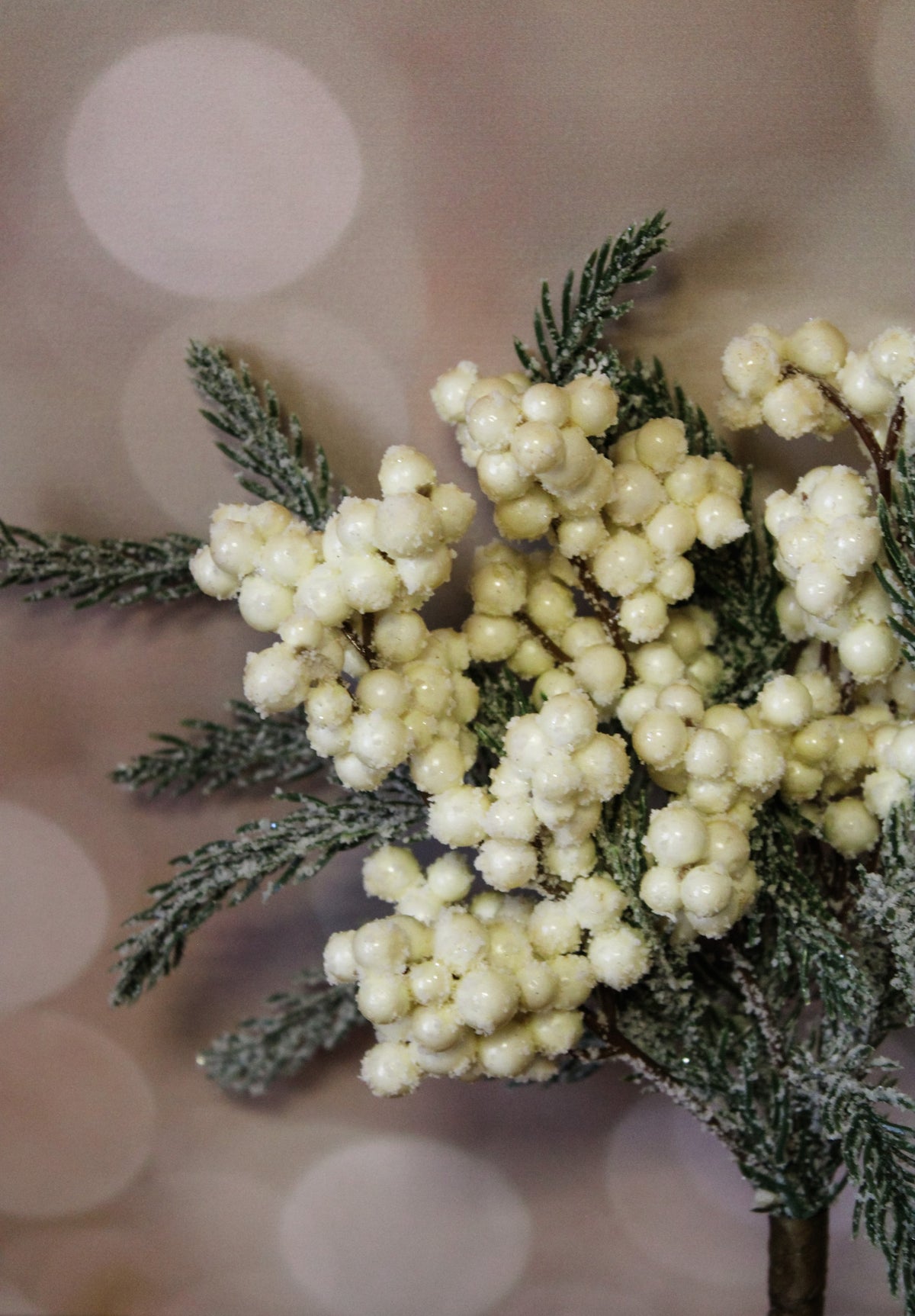 Frosted winter pine cream berry christmas pick with snow dusted greens for sale at the rustic barn in Killingworth, CT