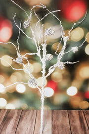 Frosted winter twig  white natural pinecone for christmas floral for sale at the rustic barn in Killingworth, CT