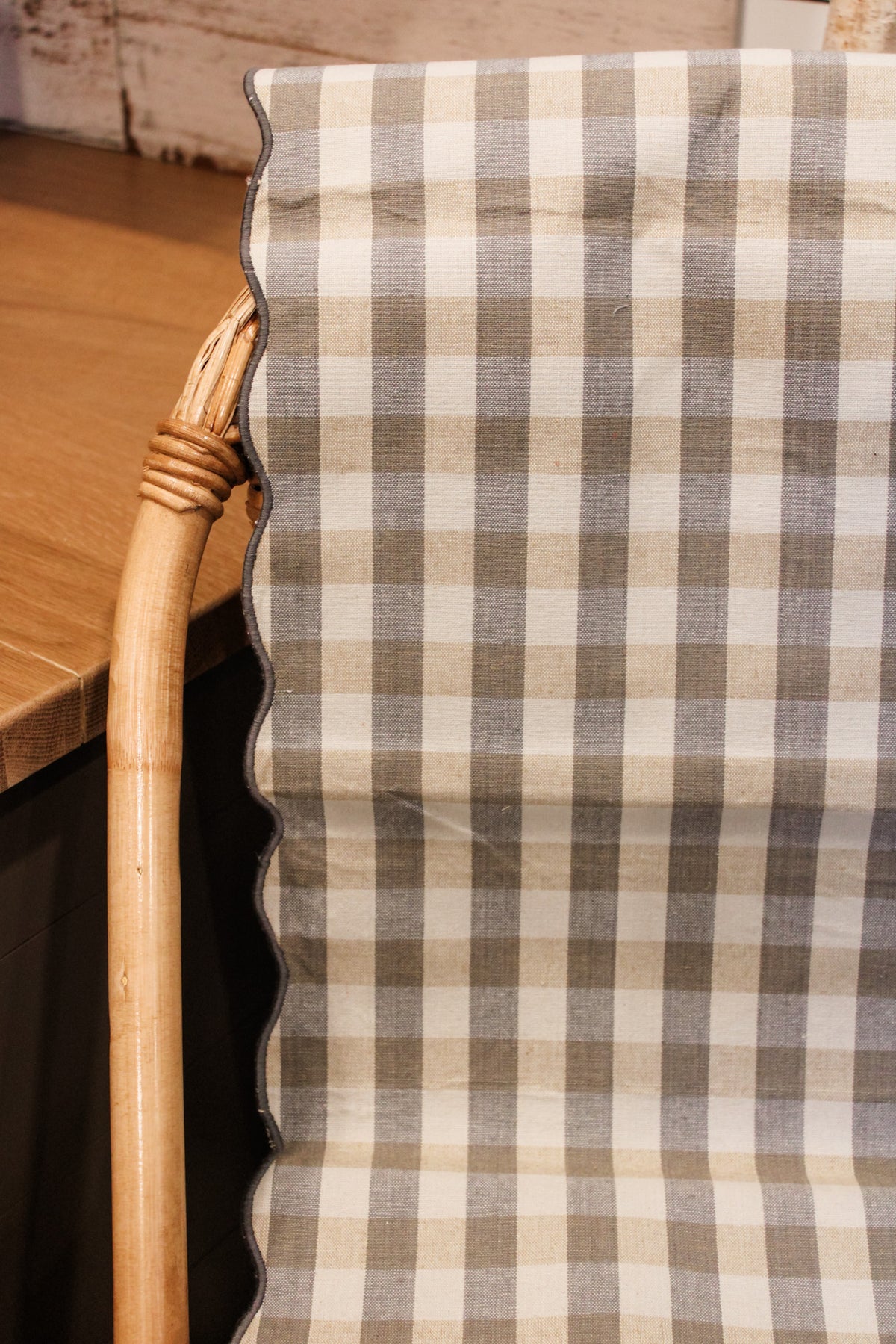 Gigham light grey and cream table runner with scalloped edge for the holidays for sale at the rustic barn in killingworth,CT