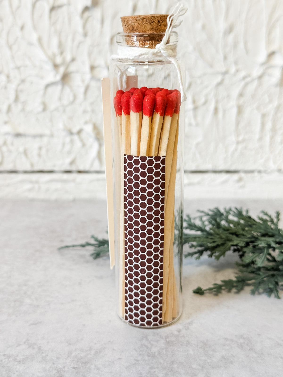 glass bottle red tipped matches with tag on it for christmas at the rustic barn in killingworth ct