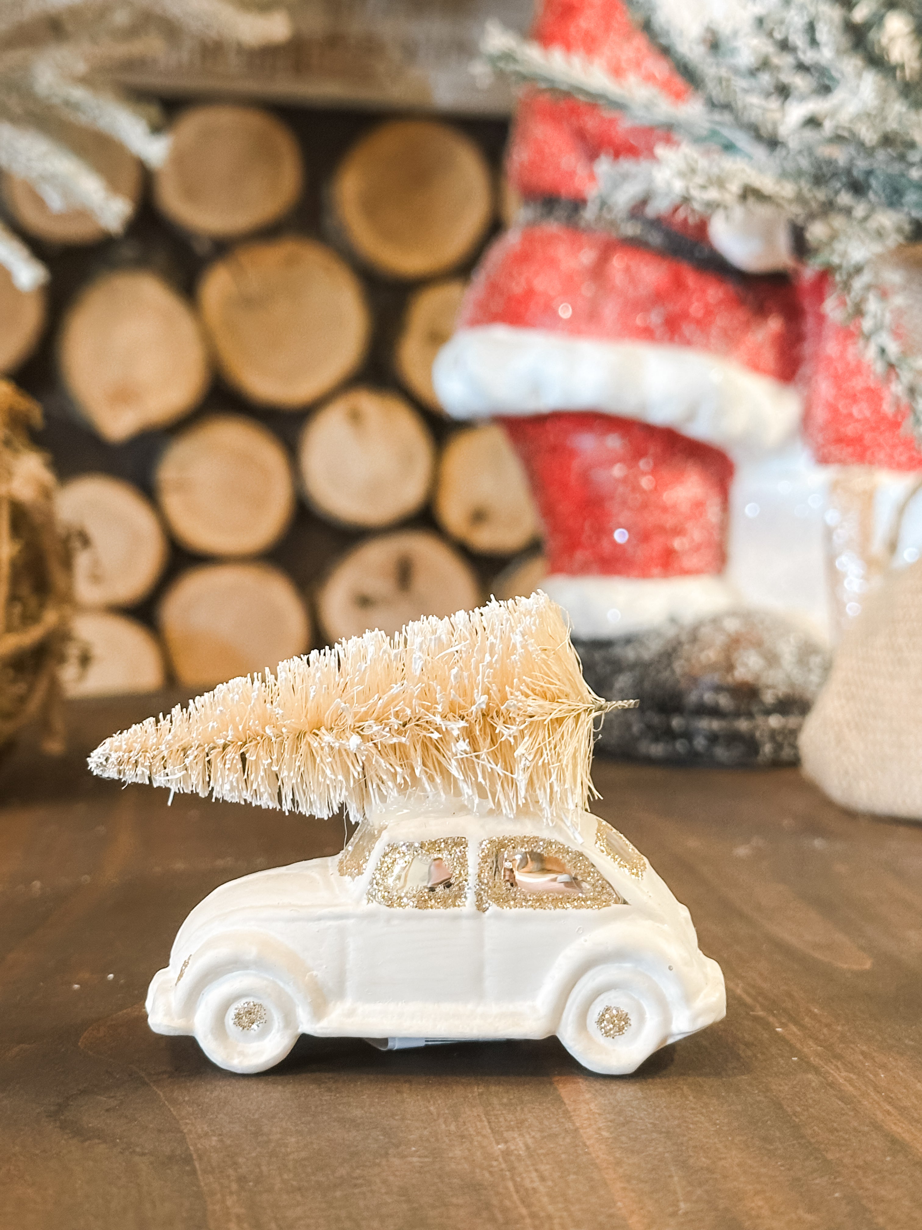 glass car ornament with bottle brush tree at The Rustic Barn in Killingworth CT