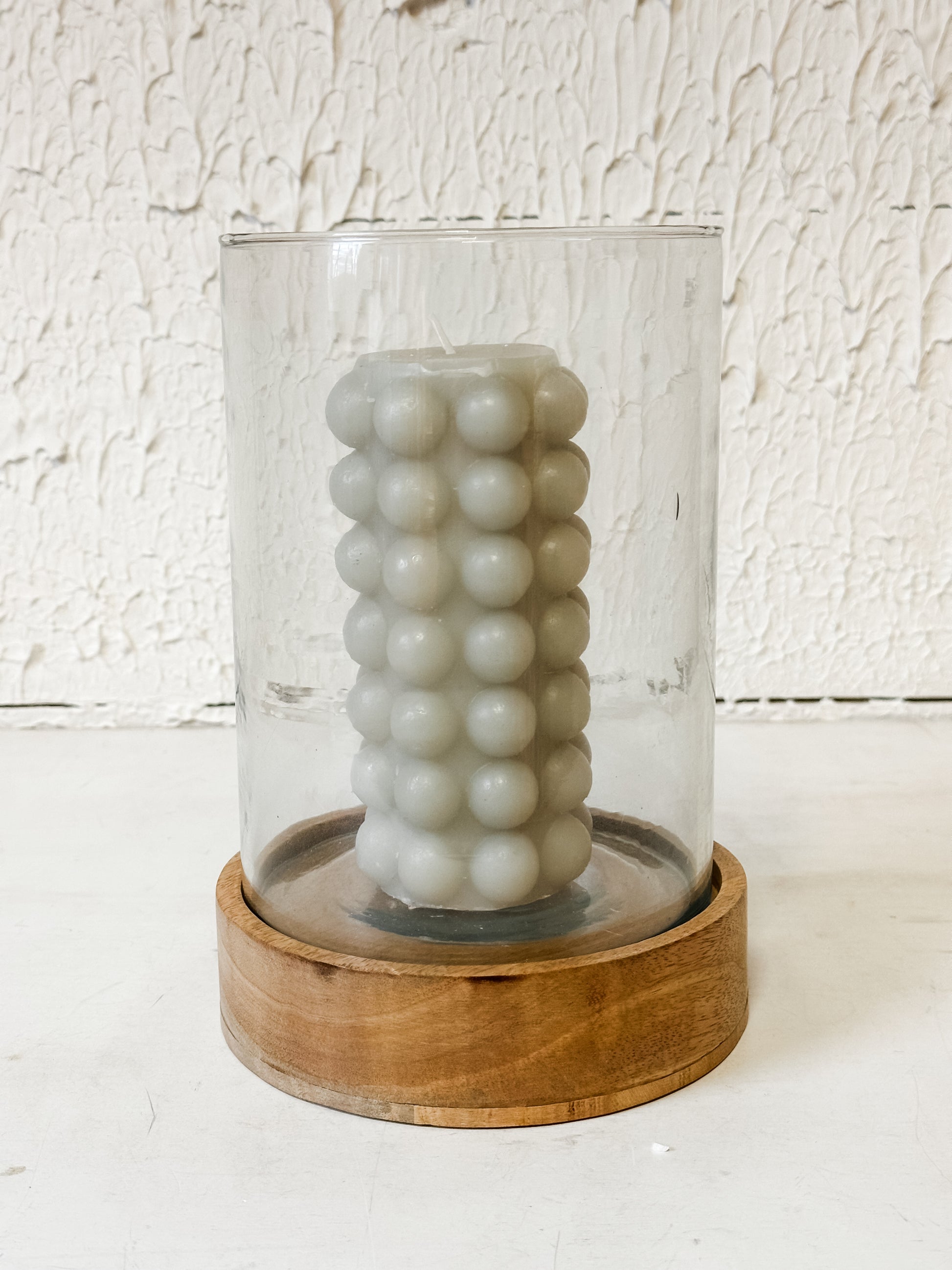 glass cylinder wood base candle holder at The Rustic Barn in Killingworth, CT