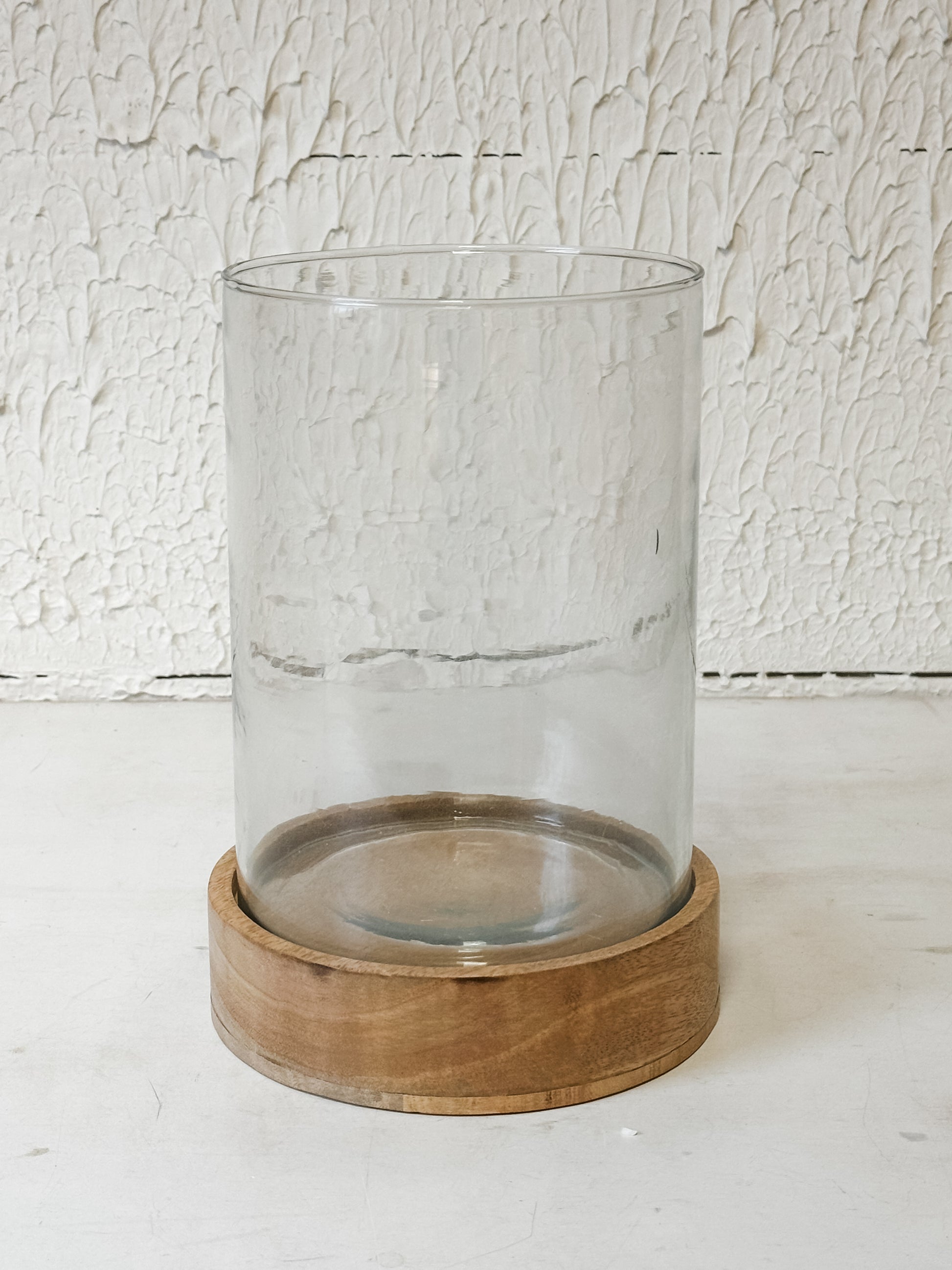 glass cylinder wood base candle holder at The Rustic Barn in Killingworth, CT