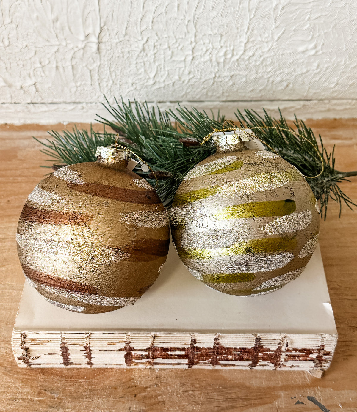 Glass striped christmas ornaments green and brown for sale at the rustic barn in Killingworth, CT