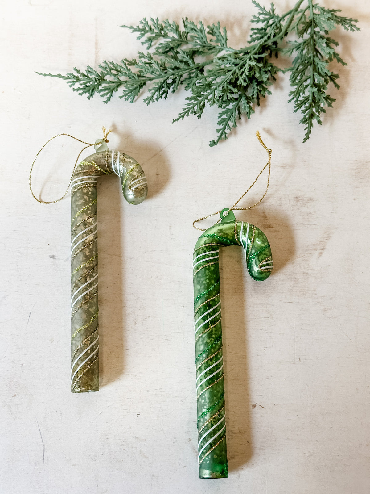 glass striped green candy cane ornaments at the rustic barn in killingworth ct