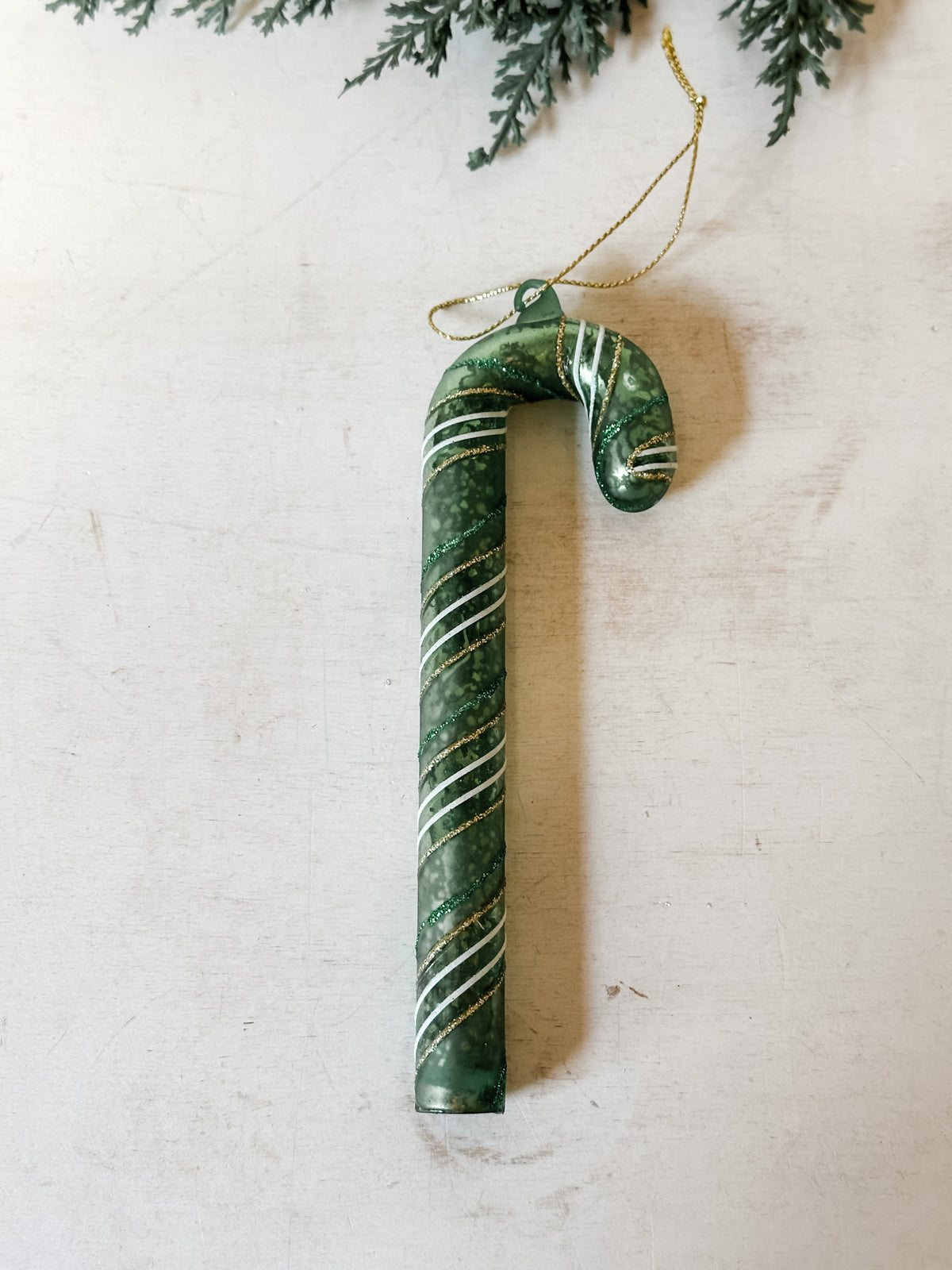 glass striped green candy cane ornaments at the rustic barn in killingworth ct