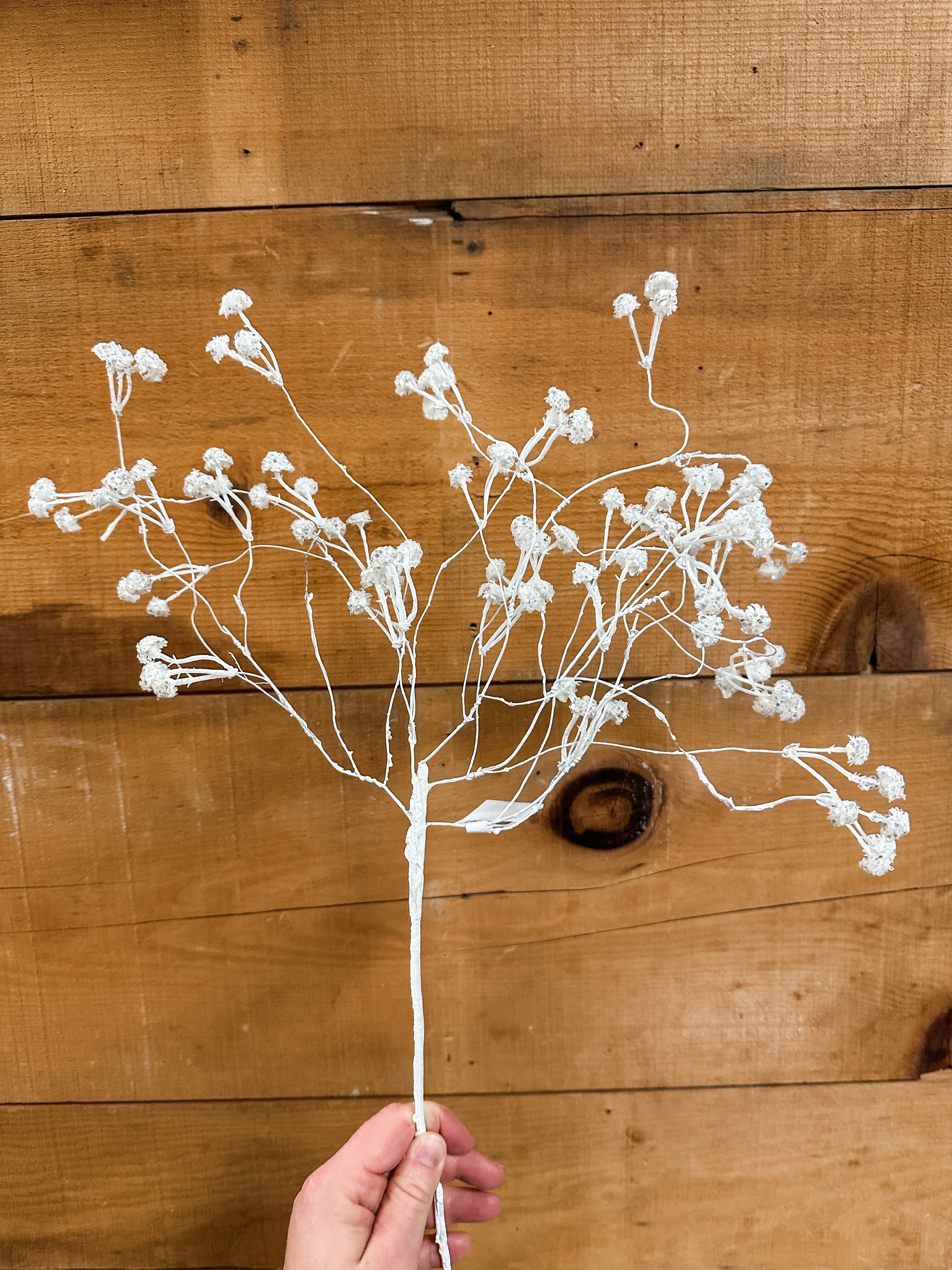 glittered mini white pinecone spray at The Rustic Barn in Killingworth CT