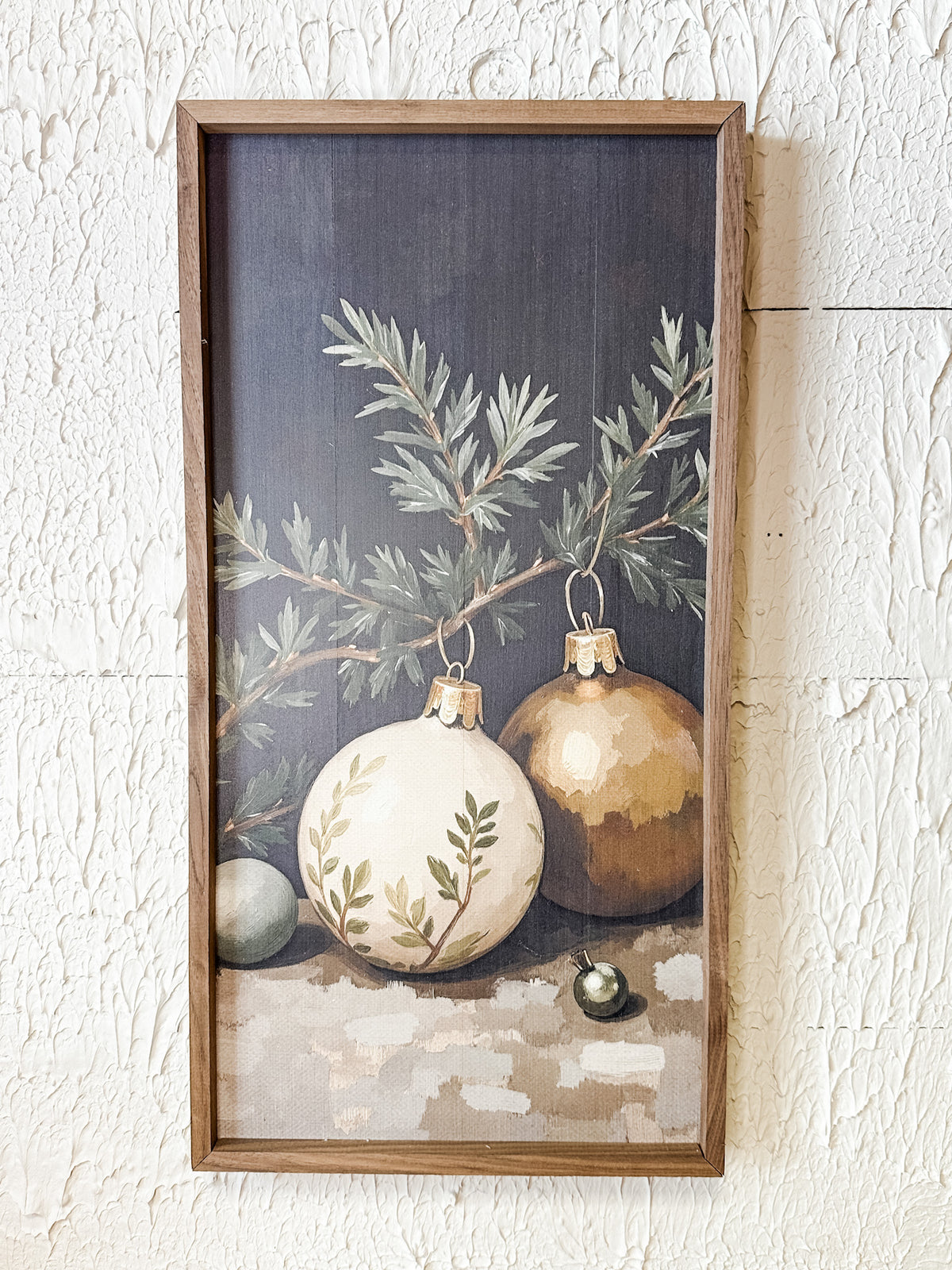 gold and white ornaments framed wall art for christmas for sale at the rustic barn in Killingworth, CT