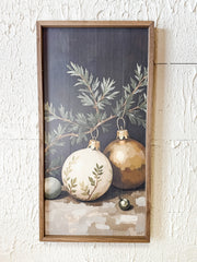 gold and white ornaments framed wall art for christmas for sale at the rustic barn in Killingworth, CT