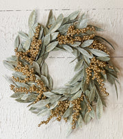 gilded gold berry and bay leaf holiday wrap wreath for the christmas season for sale at the rustic barn in killingworth, CT