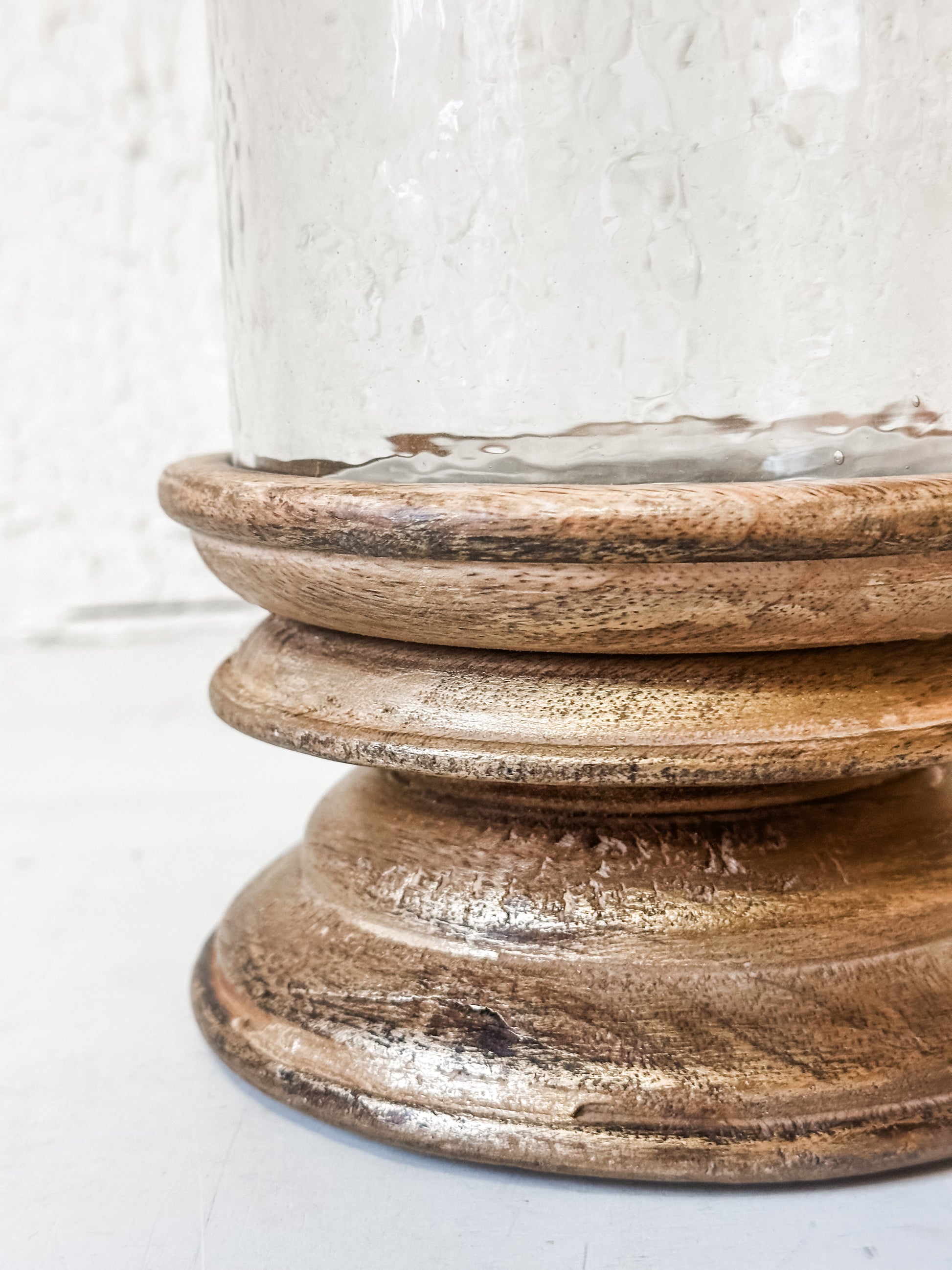 gold brush wood and glass pillar holder at The Rustic Barn in Killingworth, CT