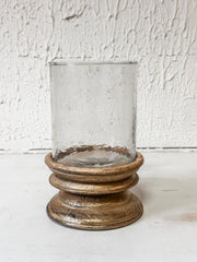 gold brush wood and glass pillar holder at The Rustic Barn in Killingworth, CT