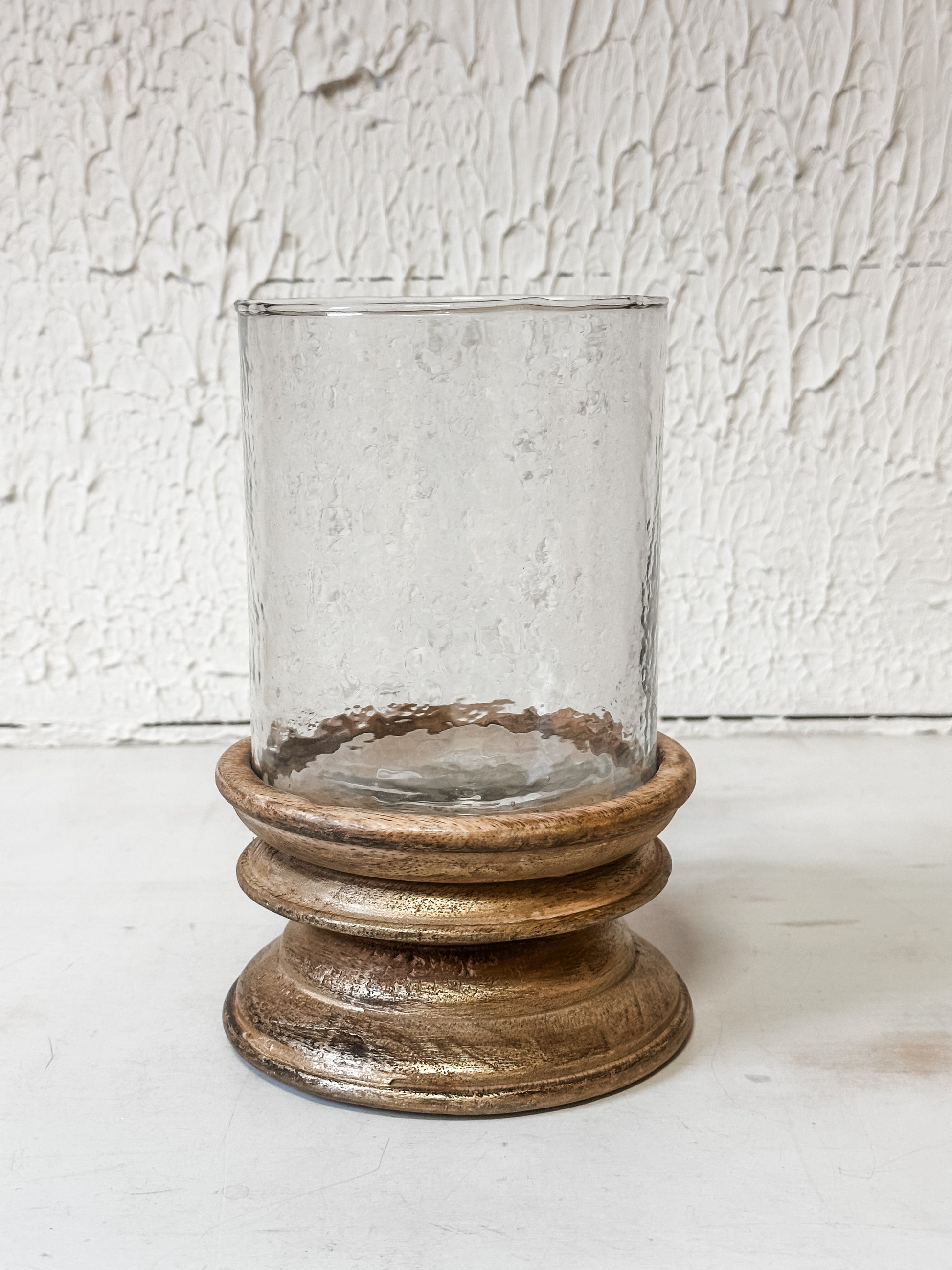 gold brush wood and glass pillar holder at The Rustic Barn in Killingworth, CT