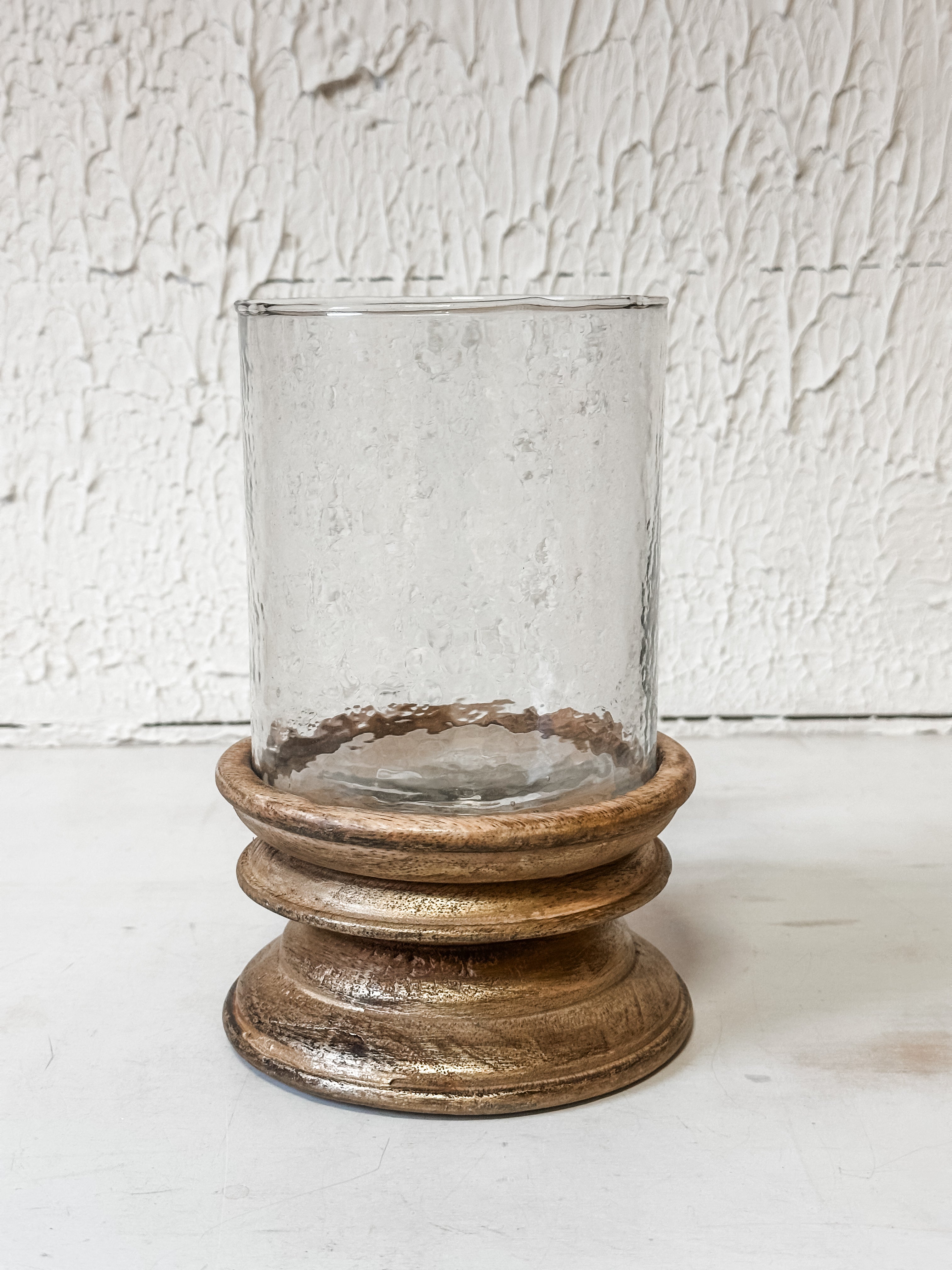 gold brush wood and glass pillar holder at The Rustic Barn in Killingworth, CT