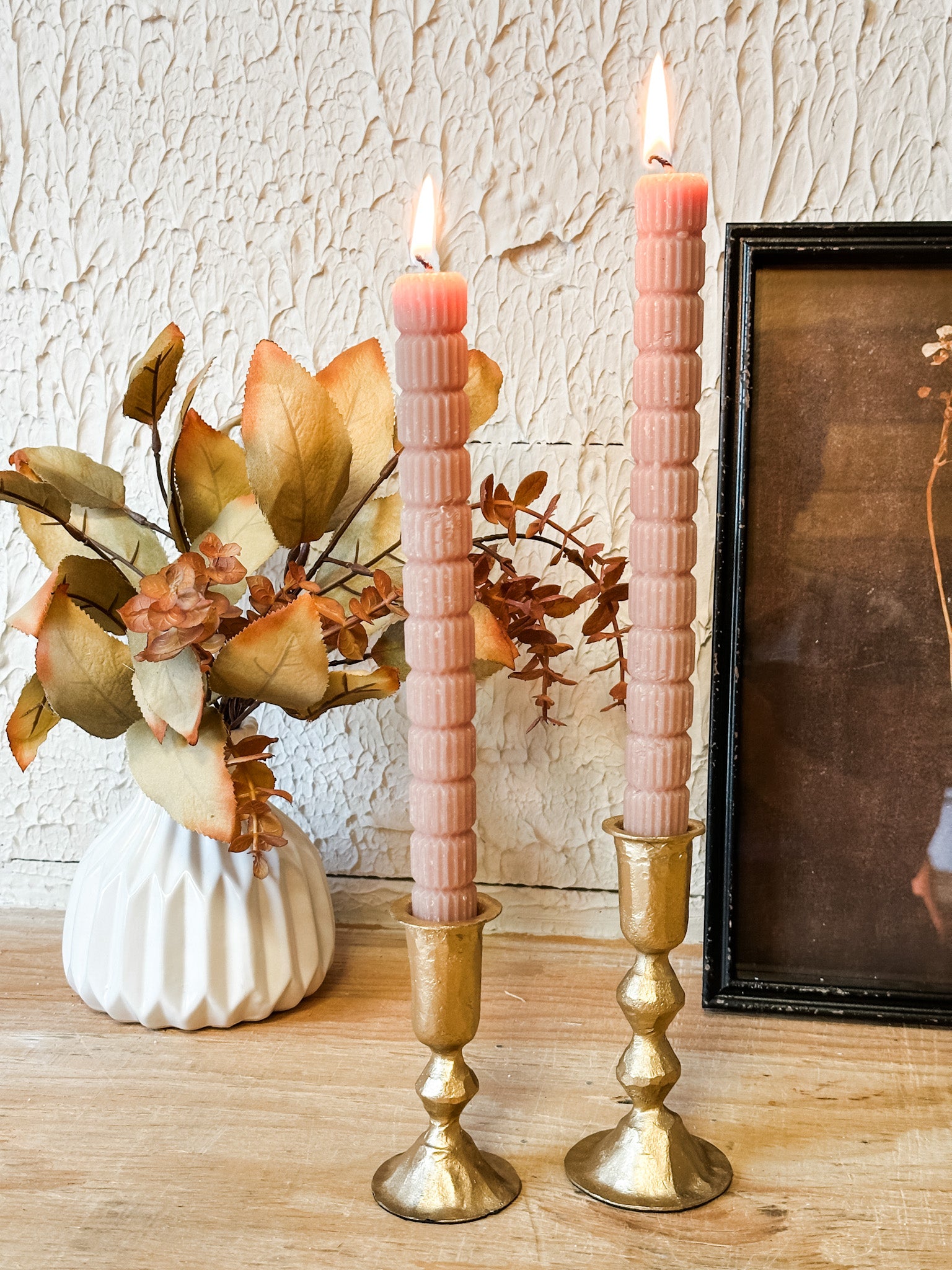 gold diamond pattern taper candle holder at the rustic barn in killingworth ct