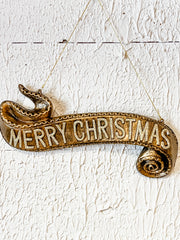 gold hanging christmas banner ornament at the rustic barn in killingworth ct