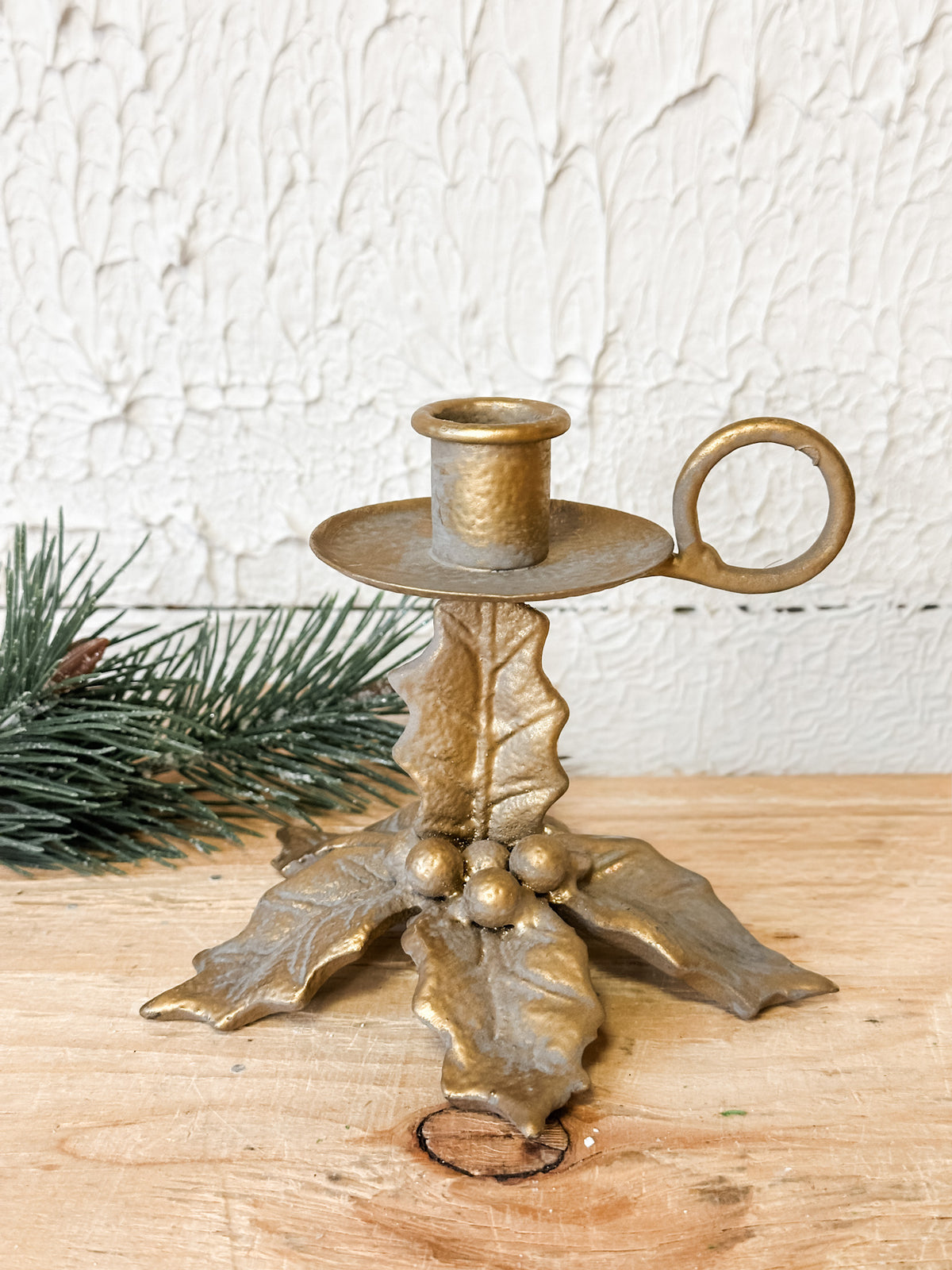 Gold Holly Metal Taper Candle Holder – 5"