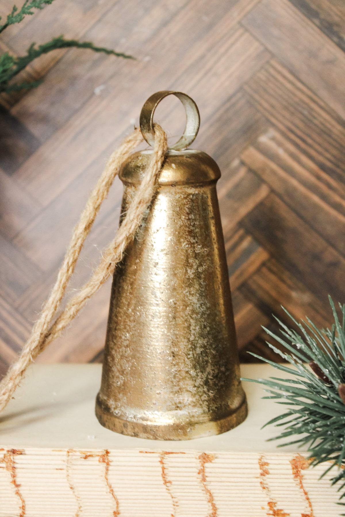 gold metal vintage bell christmas ornament for sale at the rustic barn in killingworth, CT