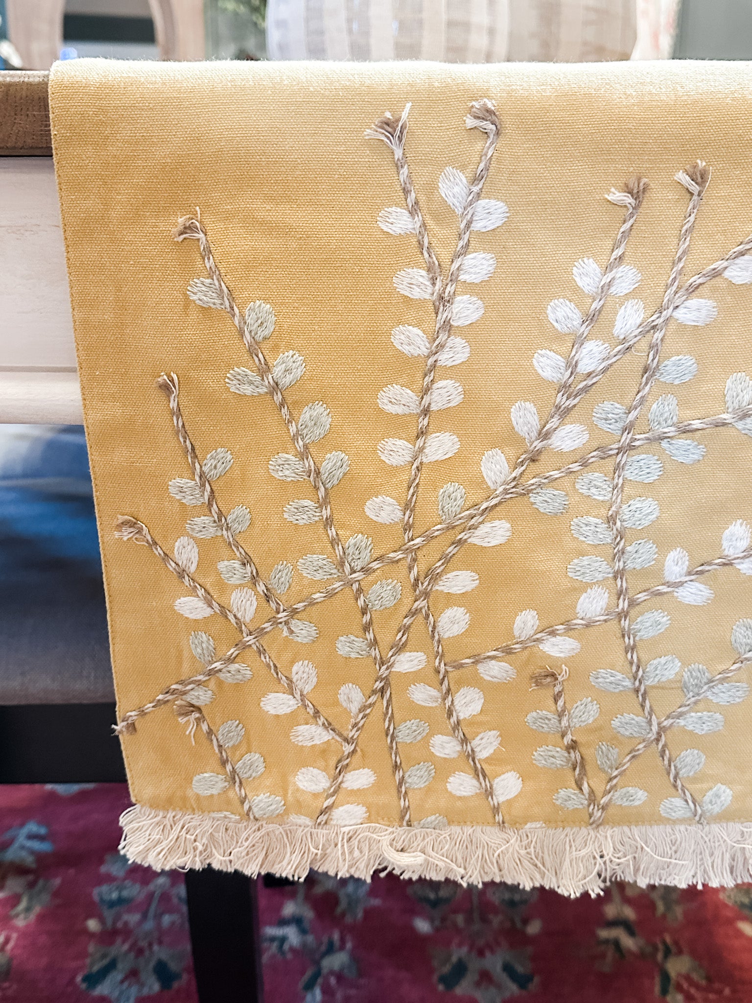 botanical embroidered yellow table runner at the rustic barn in killingworth ct