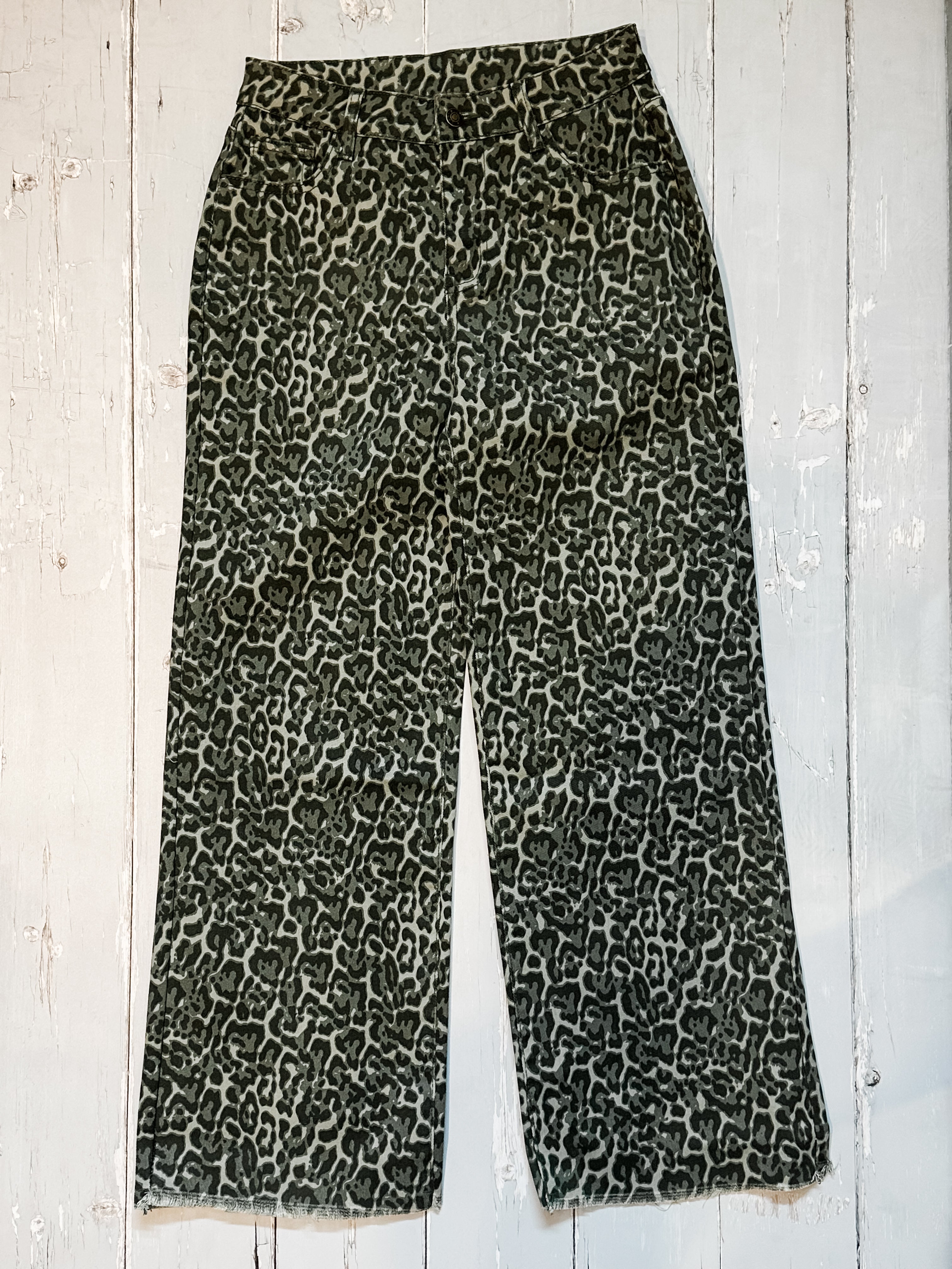 Gray Leopard Frayed Edge Wide Leg High Waist Jeans at the Rustic Barn in Killingworth, CT