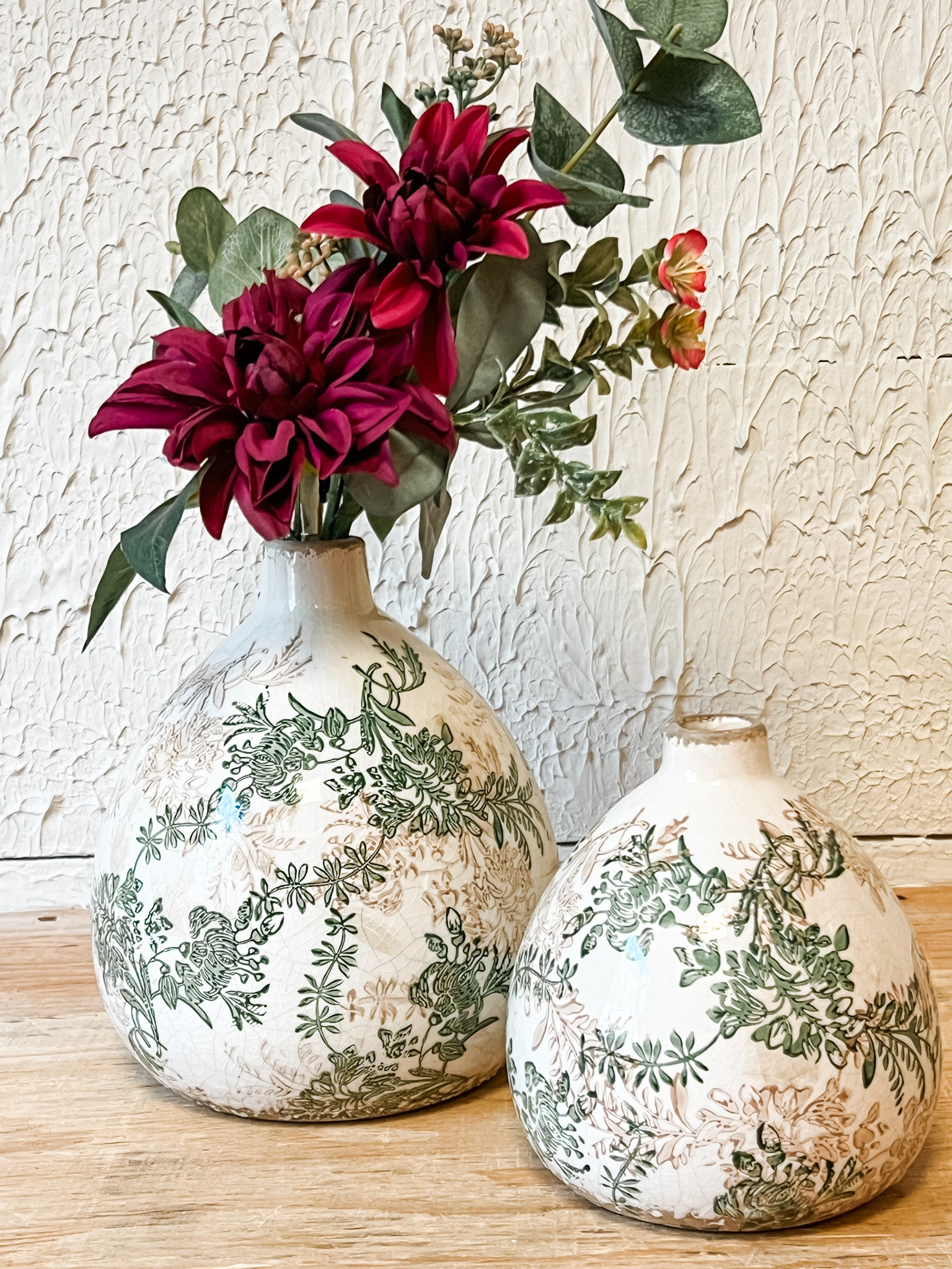 green and cream floral crackle finish vases at the rustic barn in killingworth ct