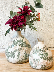 green and cream floral crackle finish vases at the rustic barn in killingworth ct