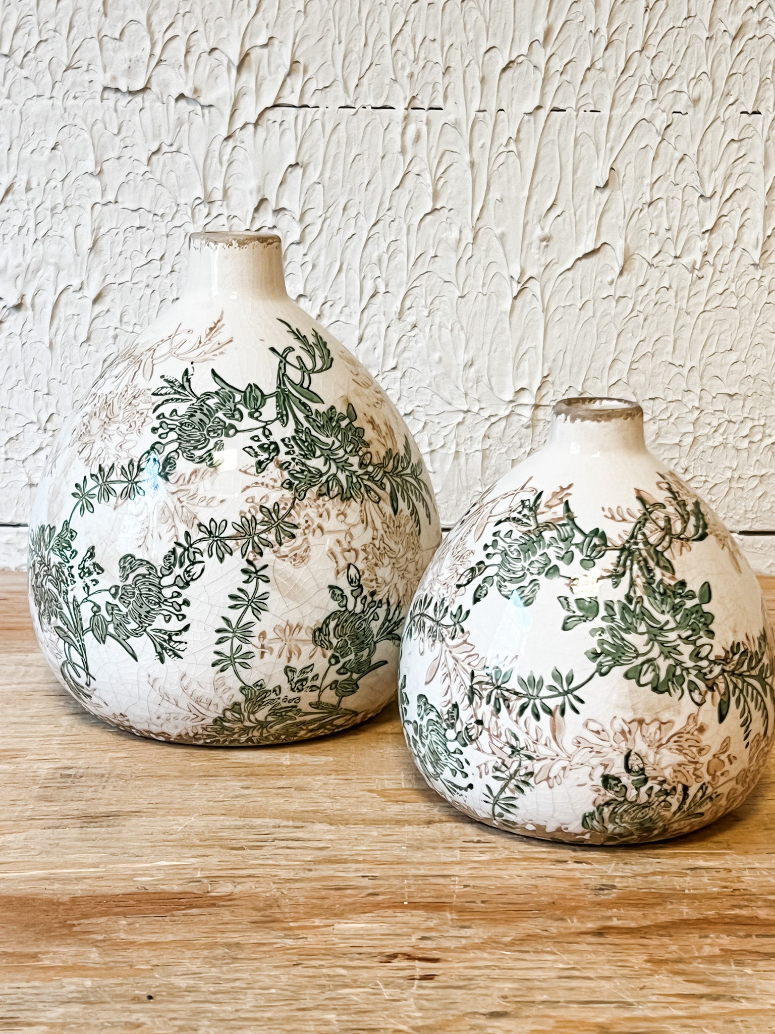 green and cream floral crackle finish vases at the rustic barn in killingworth ct