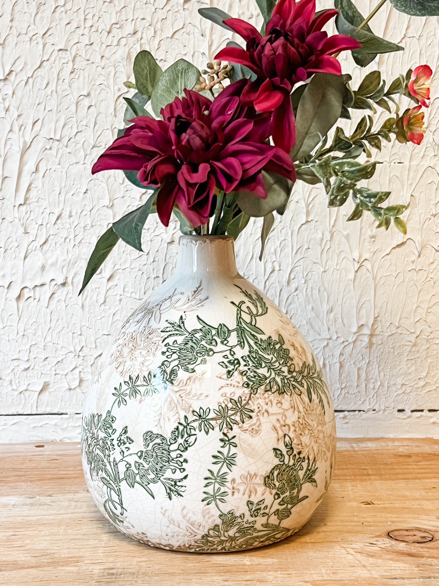 green and cream floral crackle finish vases at the rustic barn in killingworth ct