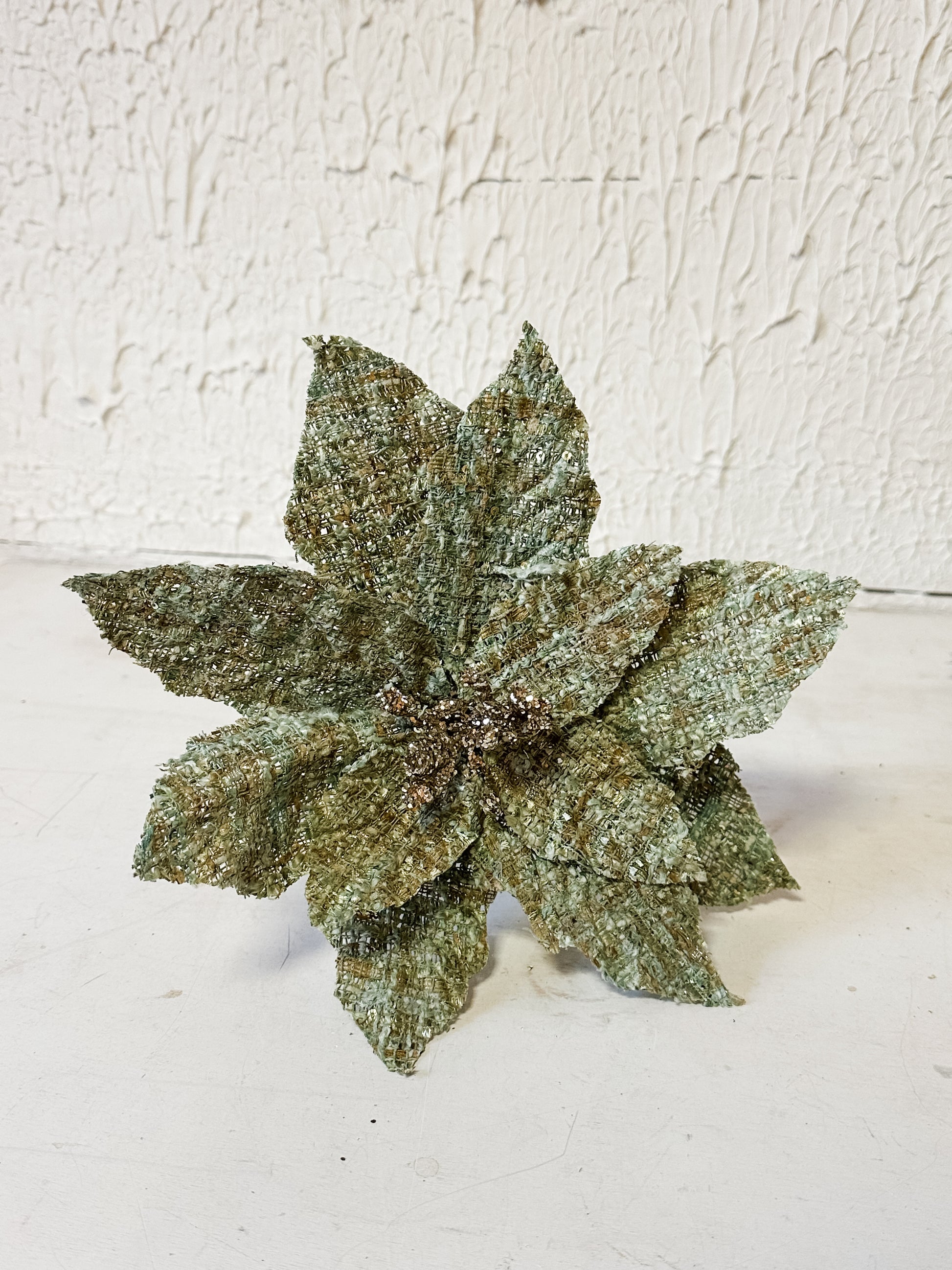 green fabric tweed poinsettia pick with glitter at The Rustic Barn in Killingworth CT