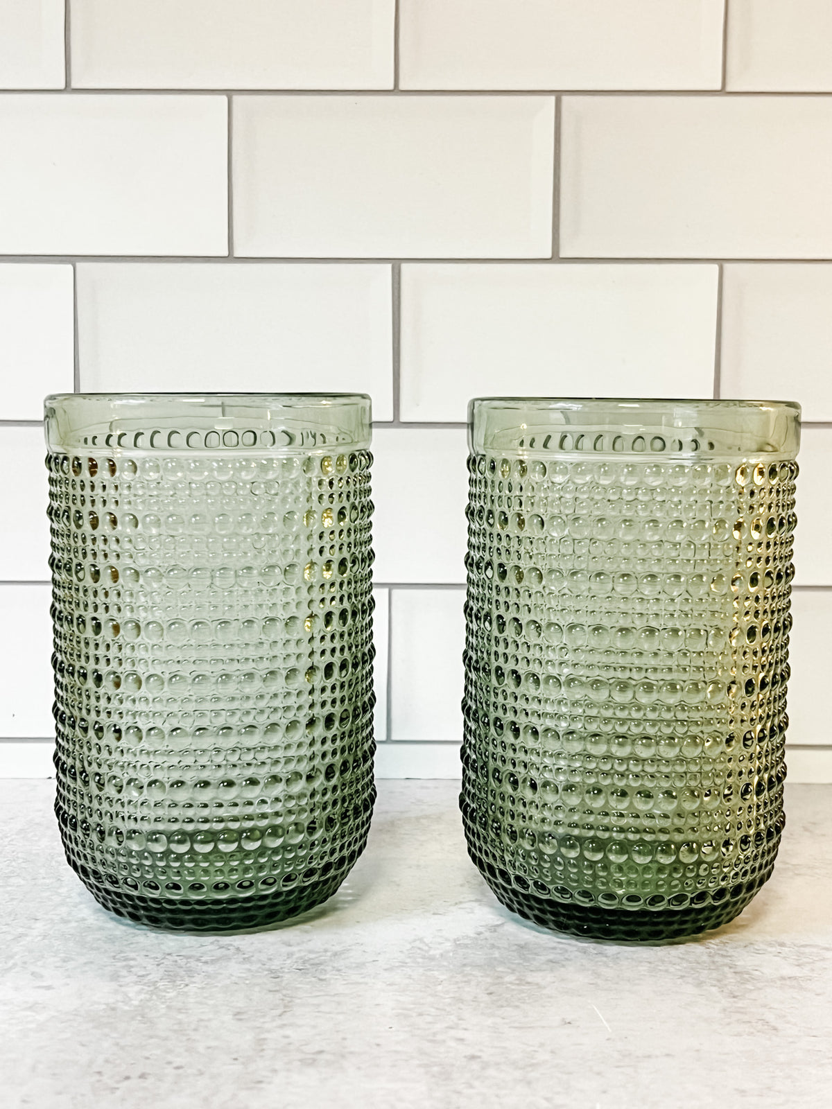 green glass hobnail drinking glasses at the rustic barn in killingworth ct