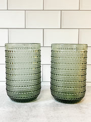 green glass hobnail drinking glasses at the rustic barn in killingworth ct
