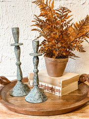 green patina hammered taper candle holders at the rustic barn in killingworth ct