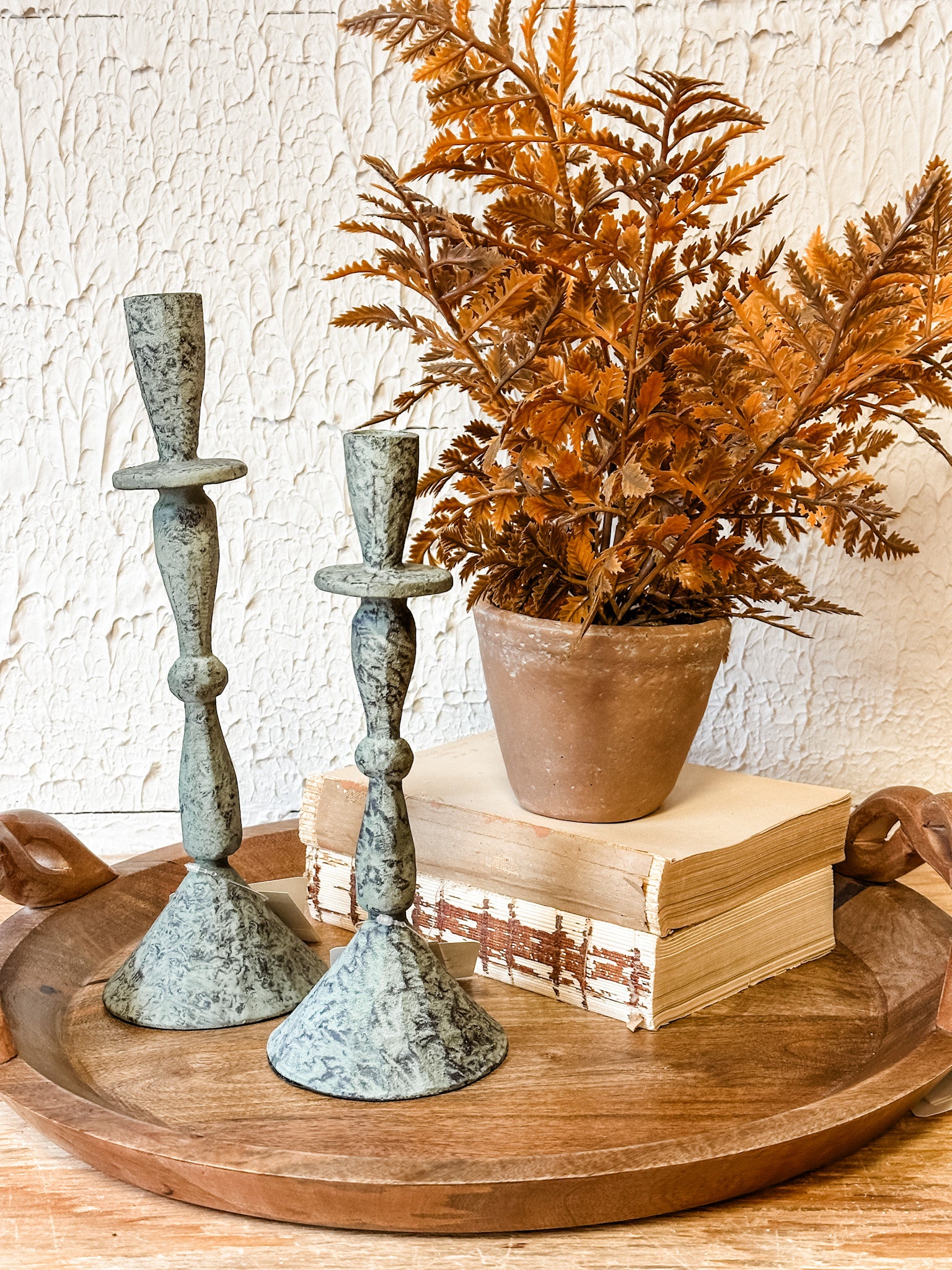 green patina hammered taper candle holders at the rustic barn in killingworth ct