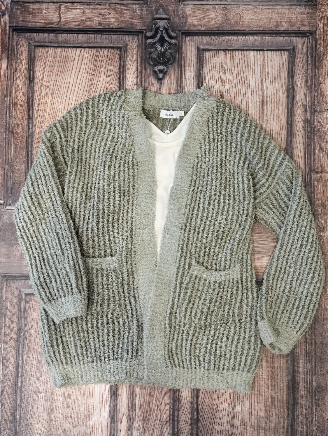 green striped open cardigan with pockets at the Rustic Barn in Killingworth, CT