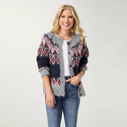 grey blue and red button up cardigan at the rustic barn in killingworth ct