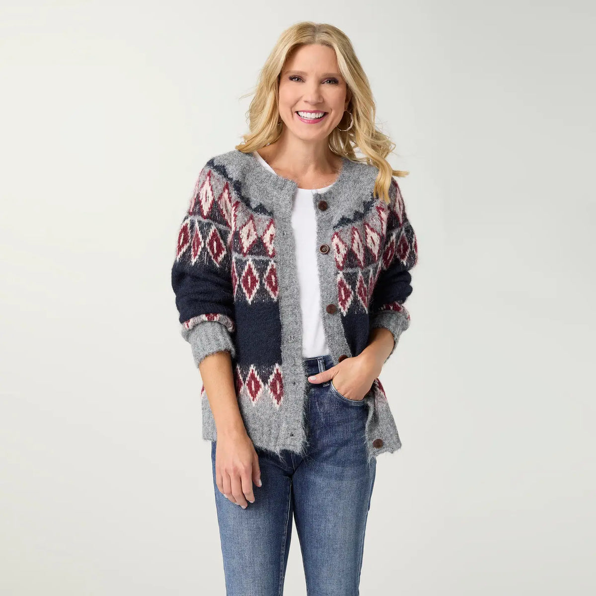 grey blue and red button up cardigan at the rustic barn in killingworth ct